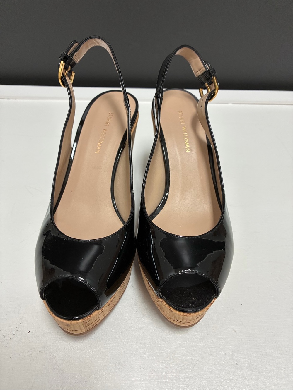 Stuart Weitzman Black Patent Cork Wedge Slingback Peep-Toe Heels - Picture 2 of 7